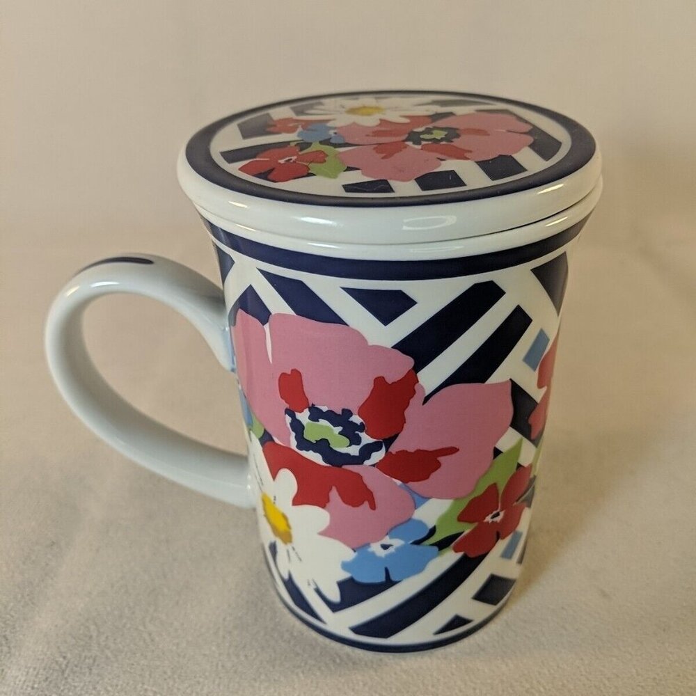 Vera Bradley Blue White Floral Stripes Mug with Lid Ceramic Microwave Dishwasher